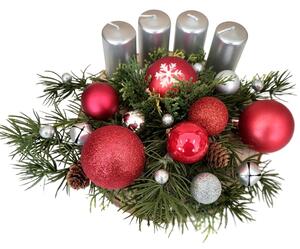 Karácsonyi adventi kompozíció gyertyákkal, karácsonyi labdákkal és fenyőtobozokkal 26cm x 10cm
