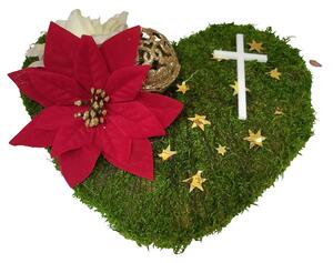 Karácsonyi mohos koszorú Szív Mikulásvirággal, karácsonyi labdával és kiegészítőkkel 27cm x 25cm