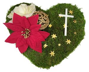 Karácsonyi mohos koszorú Szív Mikulásvirággal, karácsonyi labdával és kiegészítőkkel 27cm x 25cm