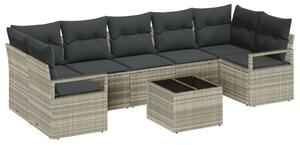 8 darabos Kert Sofa Szett Párnákkal Világosszürke Poli Rattan, 2-Személyes Kert Sofa Párnákkal Szürke Poli Rattan