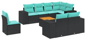 VidaXL 9 db fekete polyrattan kerti kanapégarnitúra párnákkal