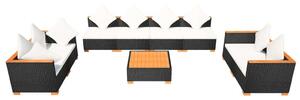 VidaXL 9-részes fekete polyrattan kerti bútorszett párnákkal