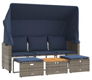 3 személyes szürke polyrattan kerti kanapé baldachinnal és székekkel