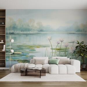 Fotótapéta Táj tóval, vízililiomokkal és liliomlevelekkel, fákkal a háttérben, nyugodt környezetben,, Természet fotótapéta, w09395 : Uwalls.hu