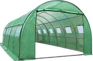 Sera kerti alagút típusú 400x800x200 cm, PE fólia 140g/m2 UV4, 6 szegmens, 12 ablak, cipzáras ajtó, 32 m2, zöld