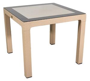IRIS GF-820C ORIGINAL CAPPUCCINO műanyag kerti asztal rattan üveglappal 90x90cm