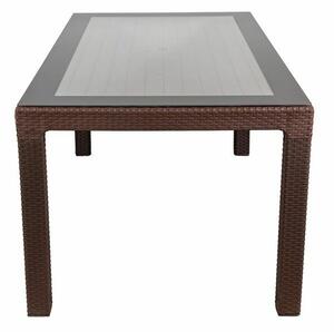 IRIS GF-220BR ECO barna műanyag kerti asztal rattan üveglappal 90x150cm