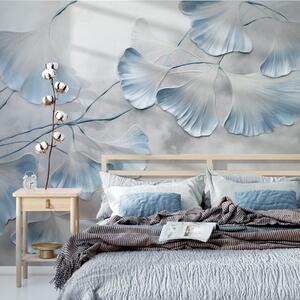 Fotótapéta Ginkgo biloba levelek kék szegéllyel egy ágon, szürke textúrájú háttérrel, elegáns és, Természet fotótapéta, w09472v1 : Uwalls.hu