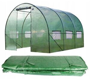 Kerti fóliasátor 8x3 m, PE 140g/m2 PP hálóval erősítve, UV4 szűrő, tépőzáras ablakok és cipzáras ajtó, zöld