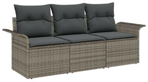 3 Részes Kerti Kanapé Szett Párnákkal Szürke Poli Rattan, 2-Fős Kerti Kanapé Tárolóval és Párnákkal Szürke Poli Rattan