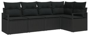 5 részes kert kanapé szett párnákkal fekete poli rattan, 2-üléses kert kanapé tárolóval és párnákkal fekete poli rattan
