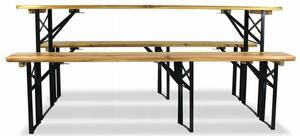 Összecsukható sörpad szett tömör fából, asztal és 2 pad teraszra, kertbe, 177x46 cm, strapabíró, natúr