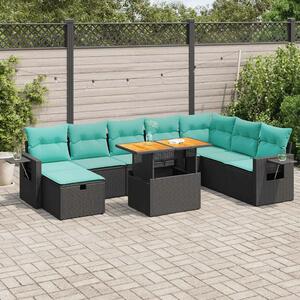 VidaXL 9 részes fekete polyrattan akácfa kerti ülőgarnitúra párnákkal