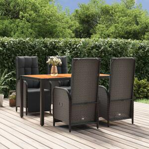 VidaXL 5 részes fekete polyrattan kerti étkezőgarnitúra párnákkal