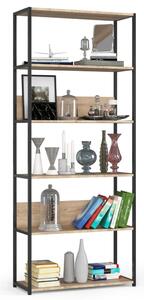AKORD LOFT Industrialny Regał 6 Polcos Laminált Lemez Fekete/Sonoma Tölgy