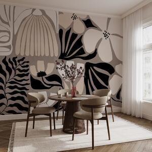 Fotótapéta Modern, minimalista stílusú virágok és levelek bézs, fekete és fehér színben,, Fotótapéta virágok és növények, w09547 : Uwalls.hu