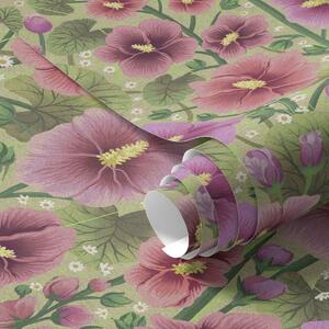 Tapéta Nagy hibiszkuszvirágok és levelek sötétzöld háttér előtt, Virágok és növények tapétá, a00993 : Uwalls.hu