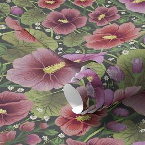 Tapéta Világos hibiszkuszvirágok és zöld növényzet sötét háttér előtt, Virágok és növények tapétá, a00993v2 : Uwalls.hu