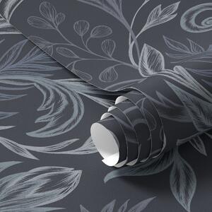 Tapéta Sötét indigó színű, göndör levelek, kézzel rajzolt árnyékolással, Virágok és növények tapétá, a00935 : Uwalls.hu