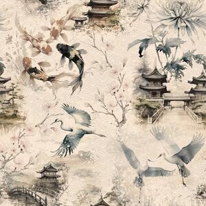 Tapéta Japán templomok, koi halak és darvak lágy háttér előtt, Tapétá keleti stílusban, a01040 : Uwalls.hu