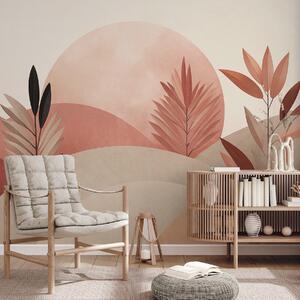 Fotótapéta Absztrakt boho tájkép, nap a dombok mögött, növények az előtérben, minimalista, texturált,, Fotótapéta absztrakt, w09608 : Uwalls.hu