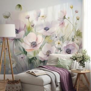 Fotótapéta Pasztellrózsaszín és fehér anemone virágok, zöld lombok és apró fehér margaréták mezője, Fotótapéta akvarell, w09742 : Uwalls.hu