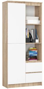 Szekrény ajtóval, 2 fiókkal és 7 polccal, 16 mm-es laminált PAL, 80x35x180 cm, sonoma és fehér