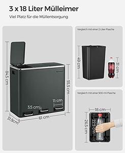 Konyhai szemetes, 3 × 18 literes szelektív hulladékgyűjtő, acél, zöldesszürke