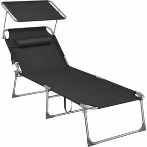 Összecsukható napozóágy napernyővel és fejtámlával, 4 pozícióban állítható háttámla, légáteresztő szintetikus szövet, max 150 kg, 200x71x38 cm, fekete