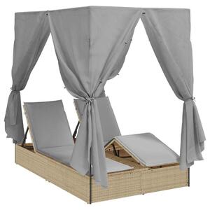 VidaXL Kettős Napozóágy Tetővel Bézs 205 x 129 x 200 cm PE rattan