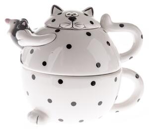 Macska kerámia teáskanna csészével, fekete pöttyös