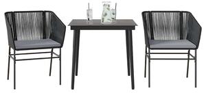 3 részes fekete polyrattan üveg kerti étkezőgarnitúra párnákkal