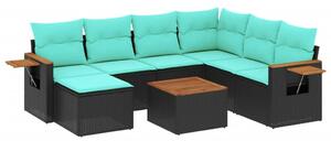 8 részes fekete polyrattan kerti ülőgarnitúra párnával