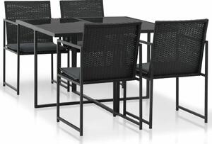 VidaXL 5-részes fekete polyrattan kültéri étkezőszett párnákkal