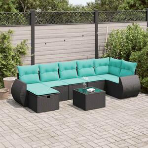 8 részes fekete polyrattan kerti ülőgarnitúra párnákkal