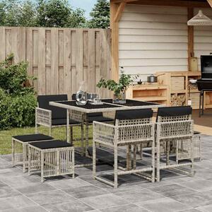 9részes világosszürke polyrattan kerti étkezőgarnitúra párnával