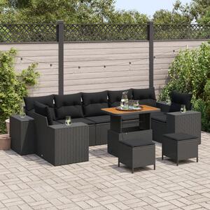 10 Darabos Kerti Sofa Szett Párnákkal, Fekete Poli Rattan Akáciával, 3 Darabos Kerti Étkező Szett Párnákkal, Fekete Poli Rattan Akáciával