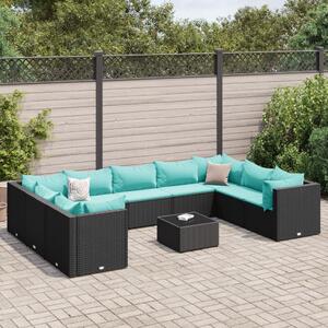 10 részes fekete polyrattan kerti ülőgarnitúra párnákkal