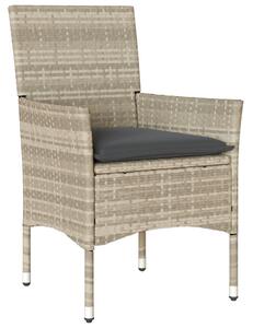 7 részes kerti étkező szett párnákkal világosszürke poli rattan, kerti asztal fekete 160x80x73 cm edzett üvegből