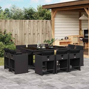 11 részes fekete polyrattan kerti étkezőgarnitúra párnákkal