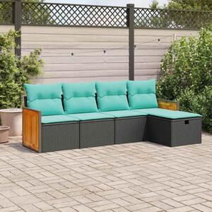 5 részes fekete polyrattan kerti kanapészett párnákkal