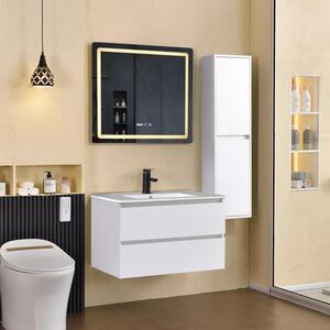 Hongkong White 80 komplett fürdőszoba bútor szett fali mosdószekrénnyel, kerámia mosdóval, tükörrel és magas szekrénnyel