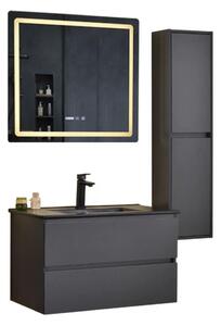 Hongkong Antracit 80 komplett fürdőszoba bútor szett fali mosdószekrénnyel, fekete mosdóval, tükörrel és magas szekrénnyel