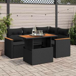 5 részes fekete polyrattan akácfa kerti kanapészett párnákkal