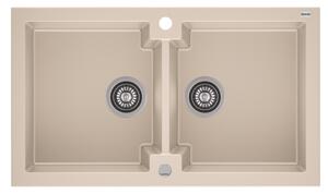 HONEST 160 kétmedencés gránit mosogató automata dugóemelő, szifonnal, bézs, beépíthető