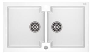 HONEST 160 kétmedencés gránit mosogató automata dugóemelő, szifonnal, fehér, beépíthető