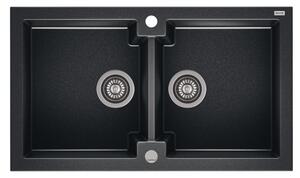 HONEST 160 kétmedencés gránit mosogató automata dugóemelő, szifonnal, fekete-szemcsés fényes, beépíthető
