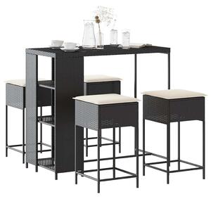 5 részes fekete polyrattan kerti bárszett párnával