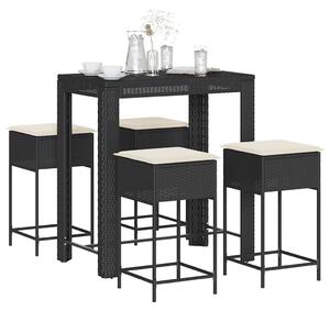 5 részes fekete polyrattan kerti bárszett párnával