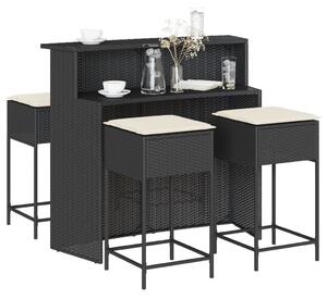 5 részes fekete polyrattan kerti bárszett párnával